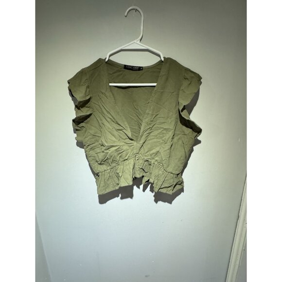 Cotton Green Ruffle Crop Top Women’s Size M V-Neck Sleeveless Boho Blouse - Picture 1 of 4
